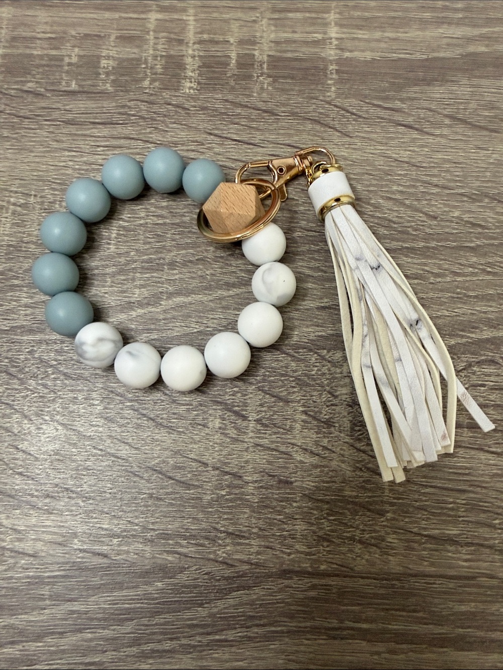 Gray & White Beaded Tassel Keychain Bracelet